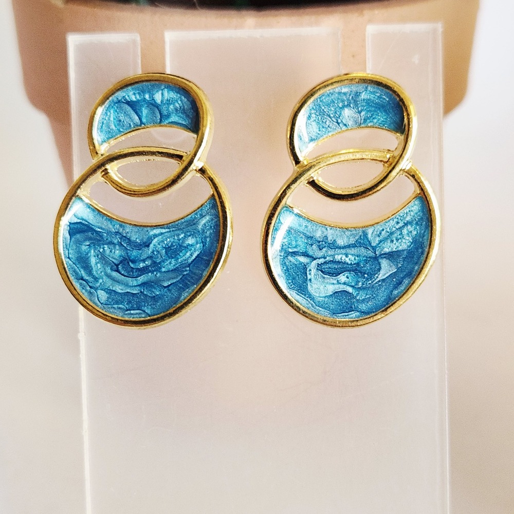 Gold Tone Blue Marbled Enamel‎ Interlocking Circle Geometric Drop Post Earrings